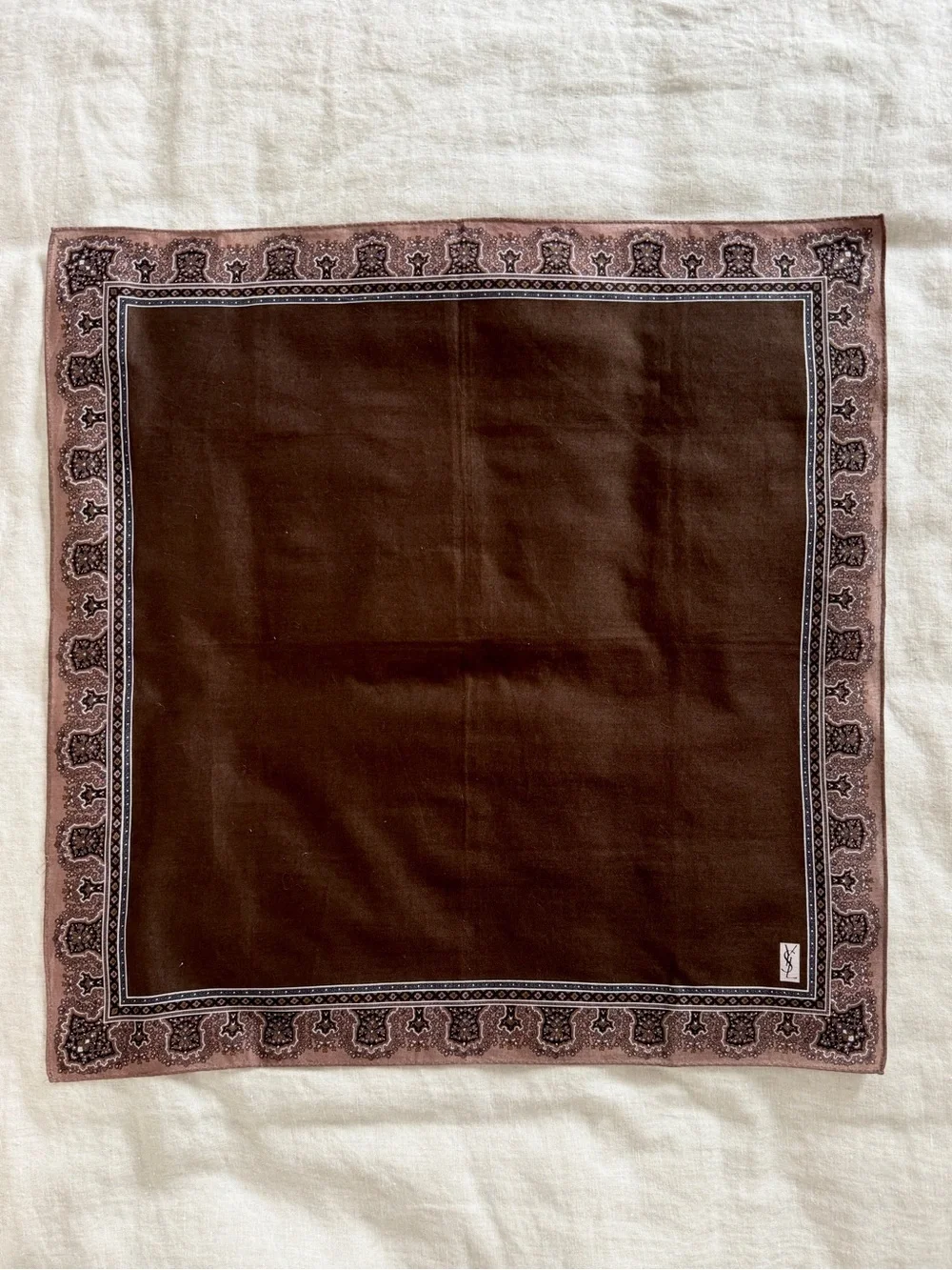 Vintage YSL Brown Paisley Cotton Head Scarf Bandana Made in Japan - Picture 2 of 6